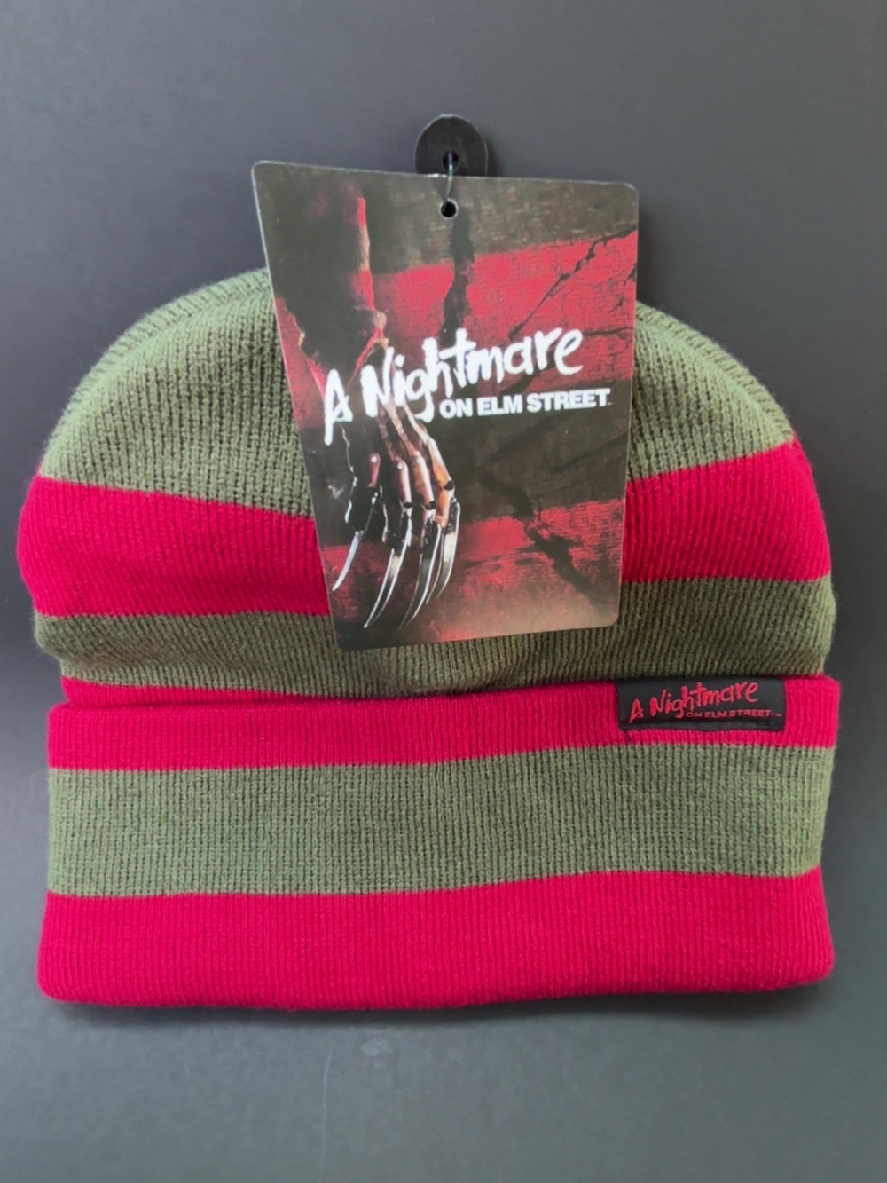 A Nightmare on Elm Street Kids Knit Beanie - Olive Green & Red Stripe